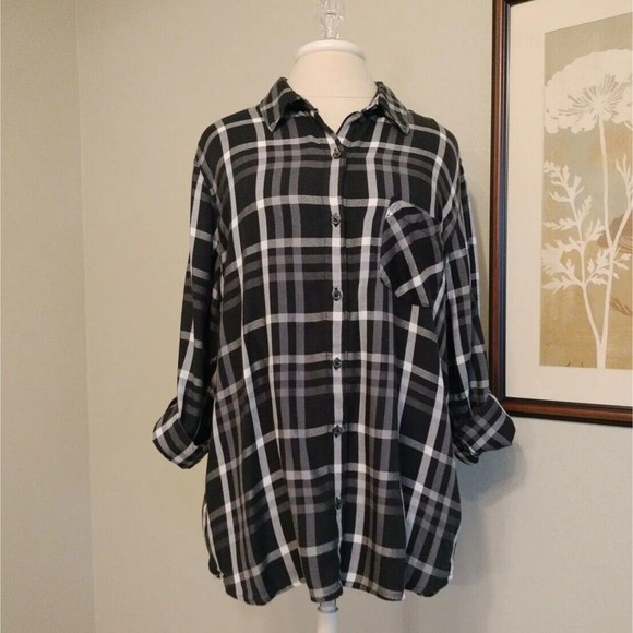 Woolrich Wmns Size XXL Plaid Flannel Shirt Long/Roll Tab Sleeve Black White - Picture 3 of 10